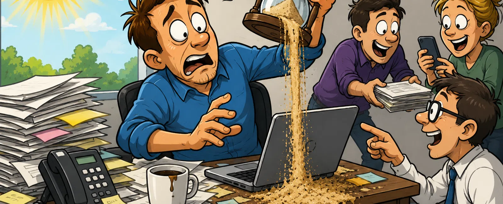 Stressed man spilling sand from an hourglass at cluttered desk while coworkers laugh and point inside office.
