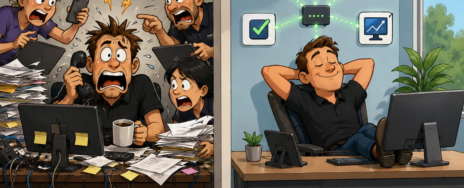 Chaotic stressed workers overwhelmed with paperwork contrast with a relaxed man efficiently managing digital tasks in a clean office.