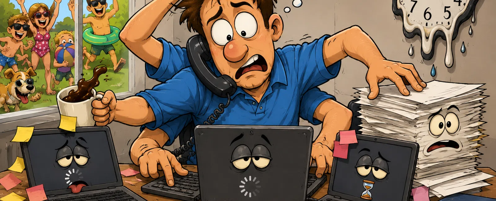 Stressed man multitasking at work with tired electronics while dreaming of beach vacation and melting clock shows time pressure.