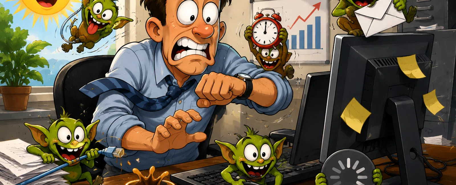 Stressed man at cluttered desk with playful green goblins causing chaos and distractions in a busy office.