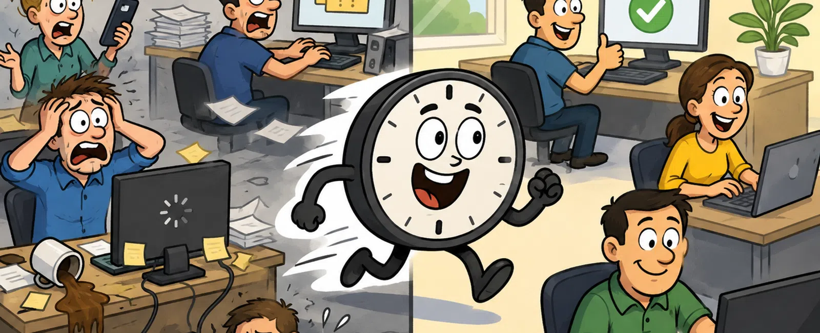 Illustration showing frustrated people with slow internet and happy people with fast internet in a bright office.