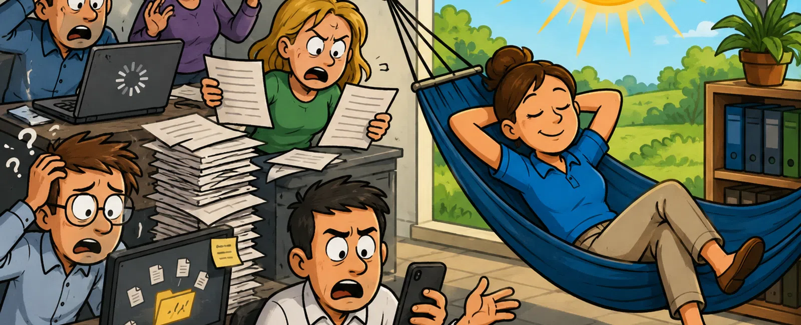 Stressed office workers overwhelmed with work contrast with relaxed woman lounging in a hammock by a sunny window.