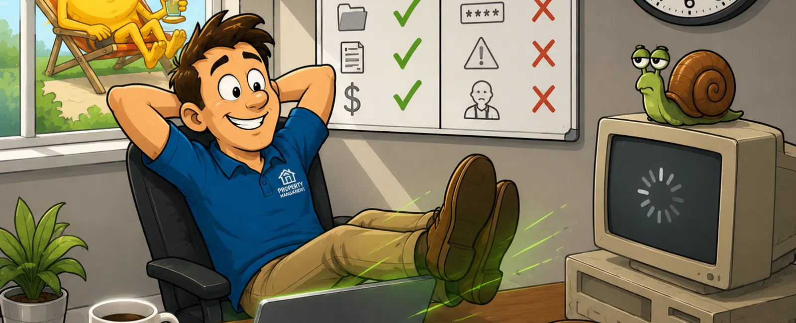 Man relaxing at desk with laptop shows time saved versus time wasted chart, slow snail on old computer, happy sun outside.