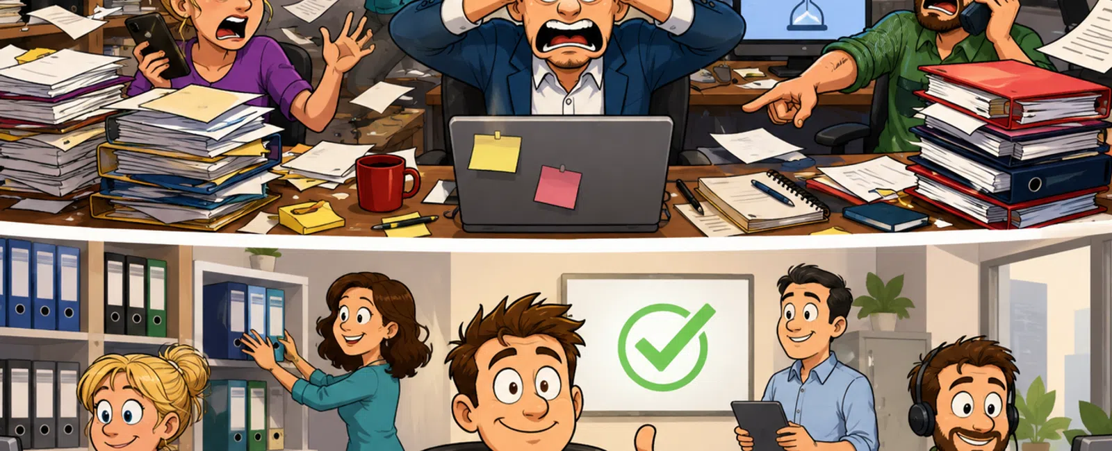 Contrasting chaotic office with stressed workers and organized office with happy, productive employees giving thumbs up.