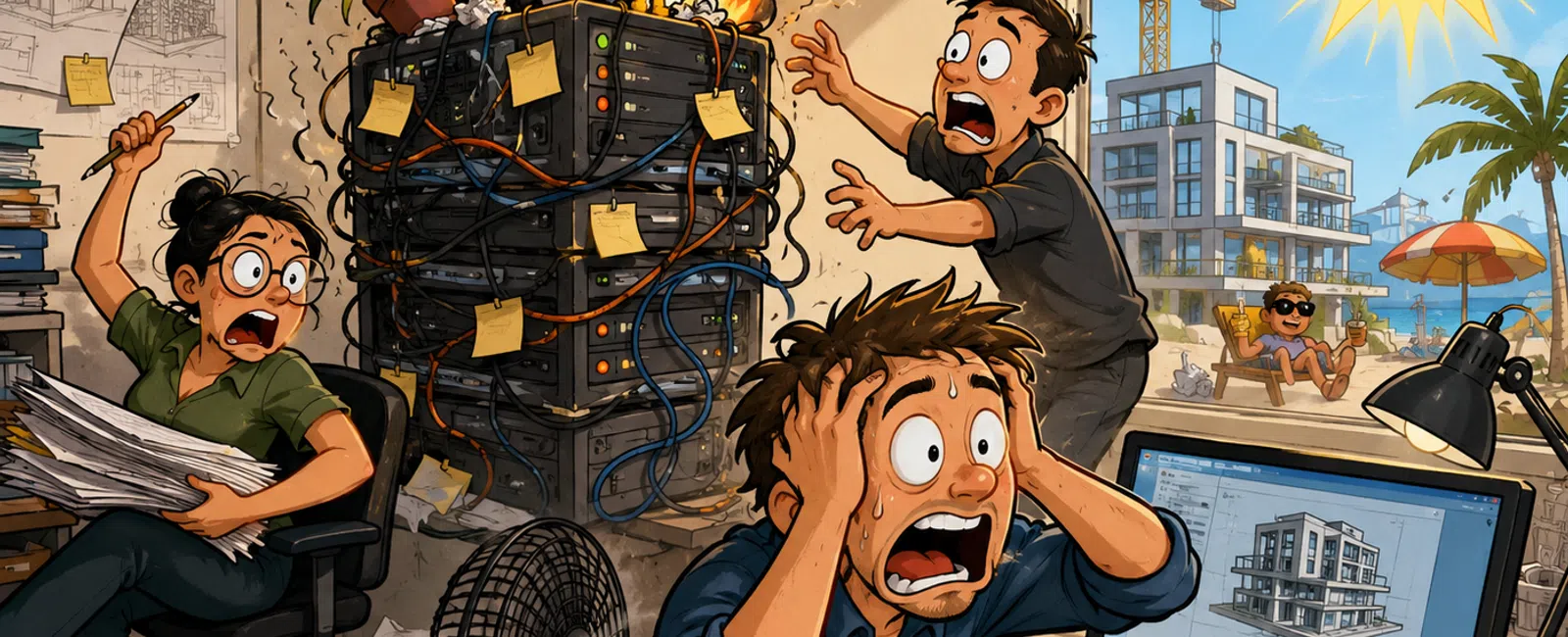 Three stressed architects panic over a server fire in their office while a cheerful sun shines outside near a beach scene.