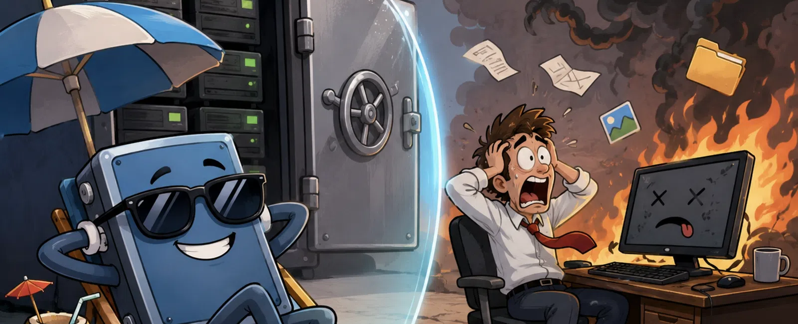 Cartoon showing a relaxed server protected by a shield while a stressed man faces a fiery, smoking computer crash.