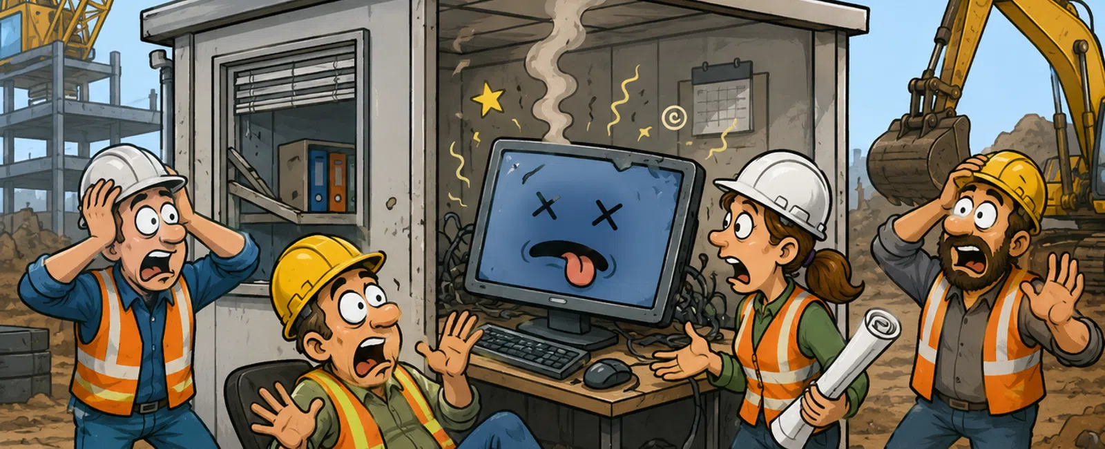 Construction workers shocked by a broken computer while a relaxed worker lounges on the cabin roof at a busy site.