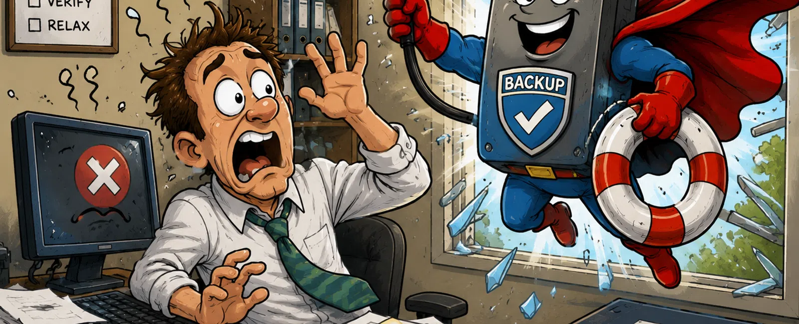 Cartoon of stressed man in messy office with failing computer saved by a superhero backup drive breaking through window.