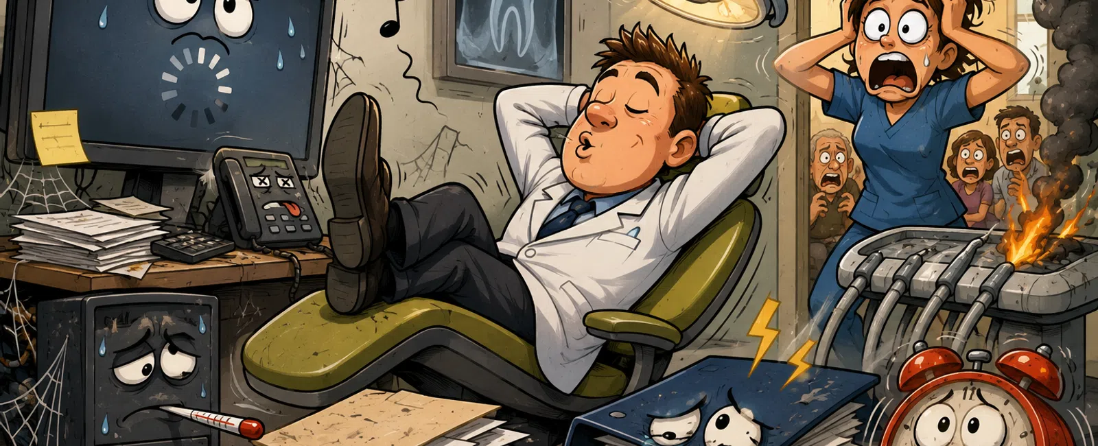 Overworked office equipment and documents show stress while a relaxed man ignores a burning printer and alarmed woman in chaos.