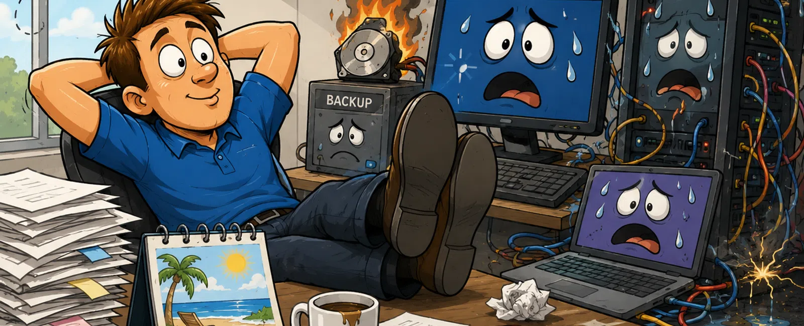 Man relaxed ignoring office chaos with burning hard drive and stressed computers sweating at noon.