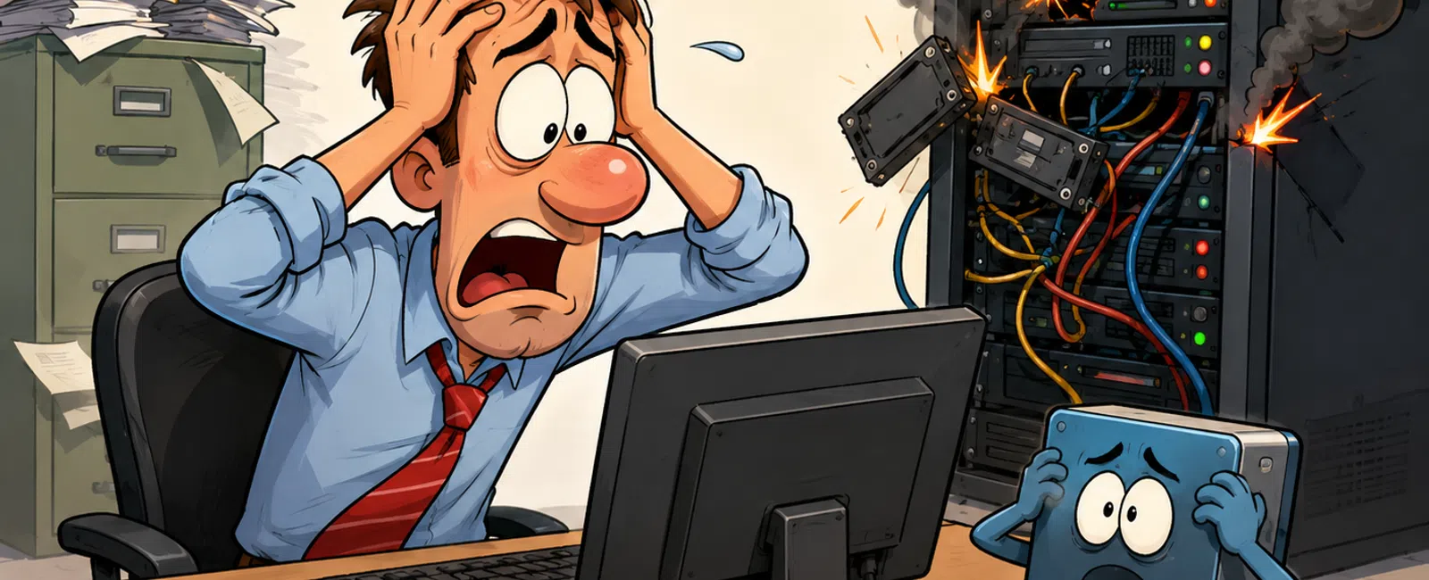 Stressed man reacts to exploding server room with sparks and a sad hard drive on desk beside spilled coffee.