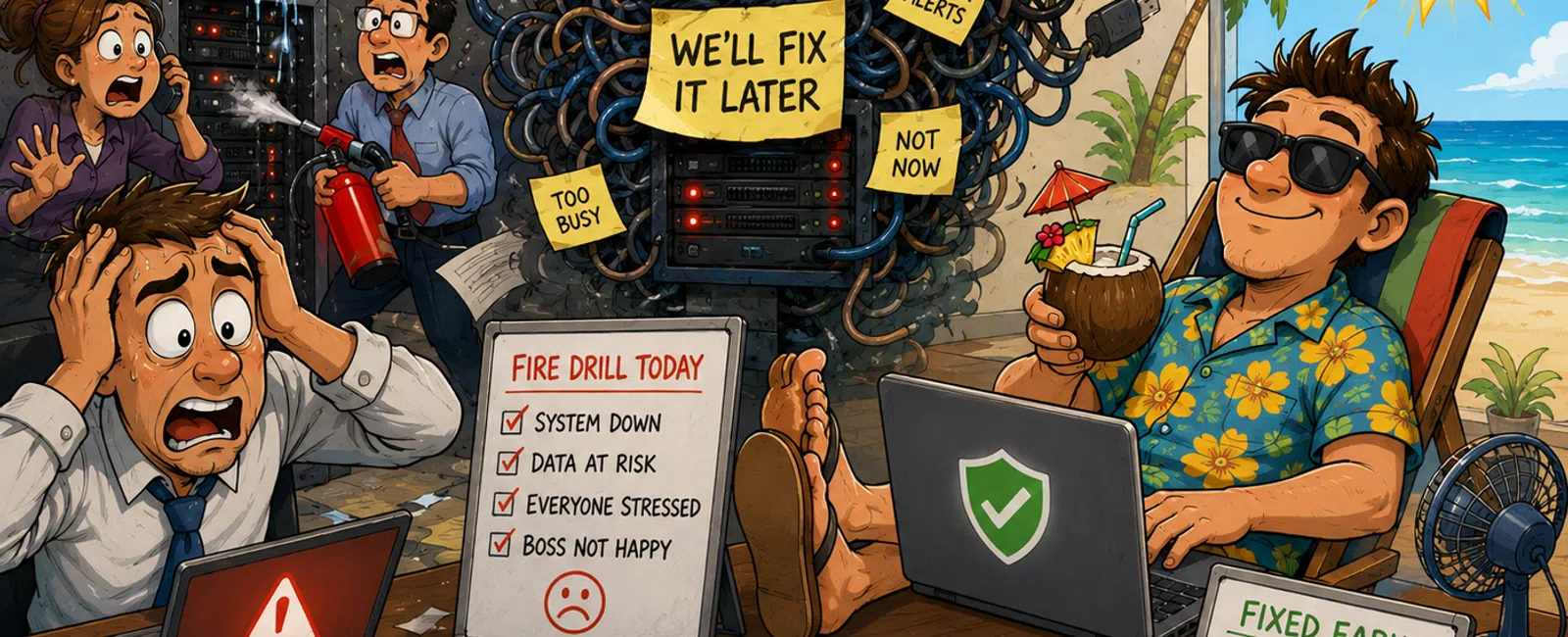 Chaotic office with stressed workers and malfunctioning servers contrasts with relaxed man working remotely near the beach.