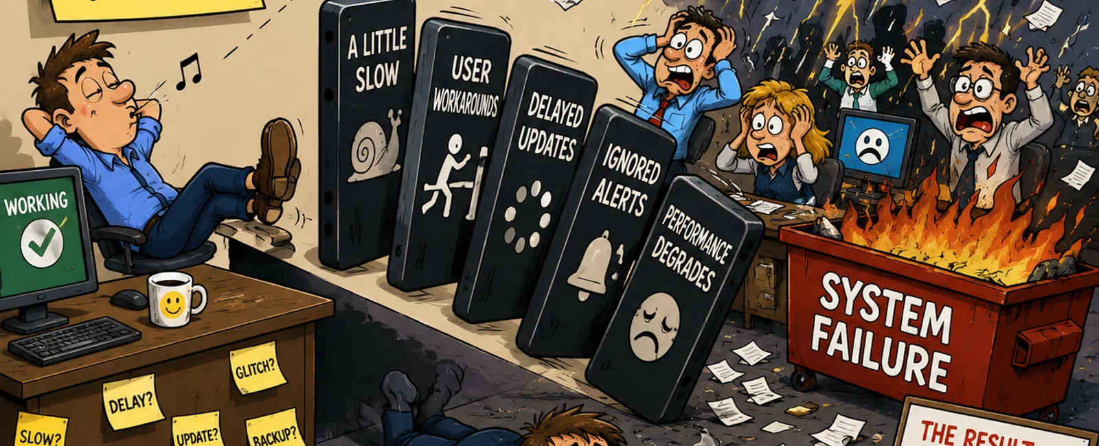 Cartoon shows ignoring small IT issues leading to system failure and stressed team with missed deadlines and angry clients.