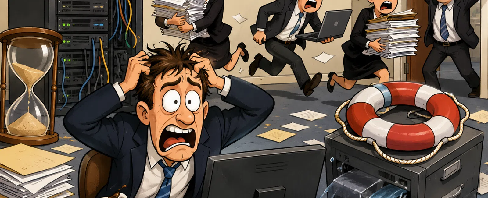 Stressed office workers in a chaotic law firm with computer, flooding, crashing servers, and scattered papers.