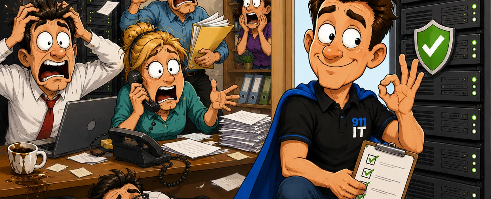 Calm IT technician fixes server issues while stressed coworkers panic over server explosion and chaos in office.