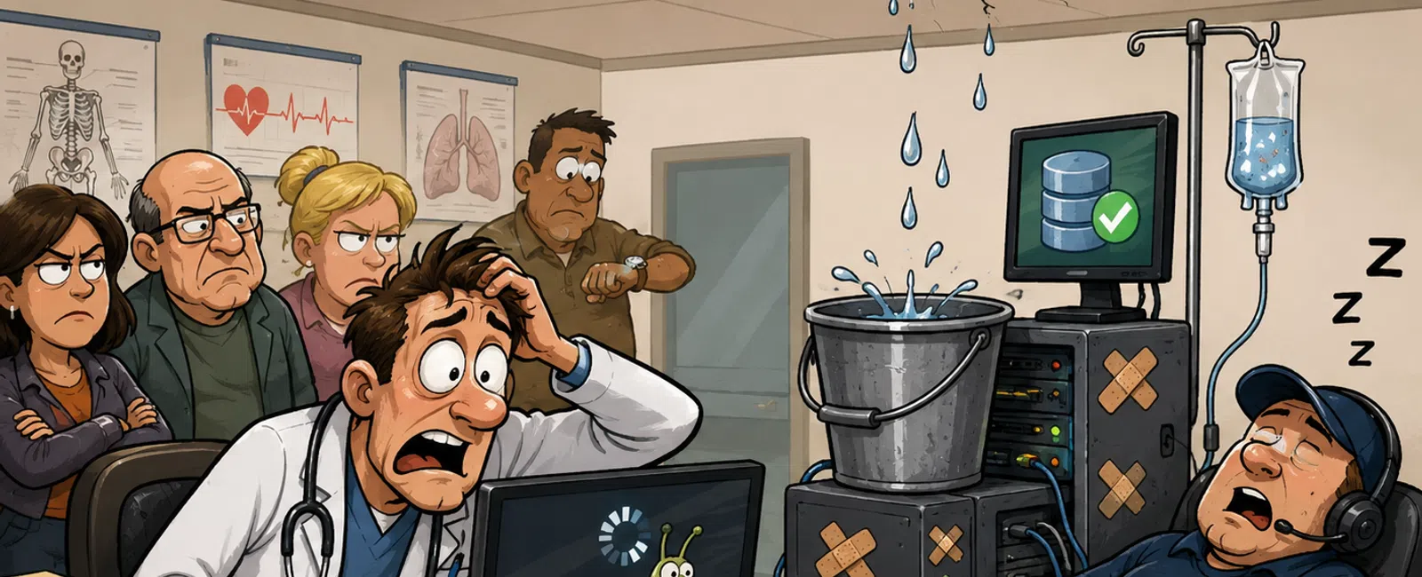 Frustrated doctor and staff in clinic with leaking ceiling, slow computer, and sleeping technician ignoring problems.