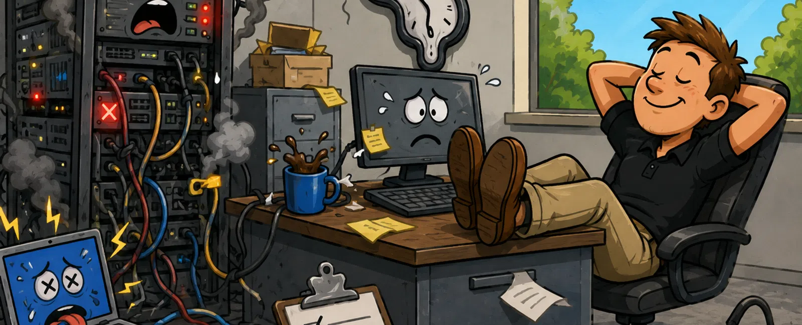 Cartoon of a relaxed man ignoring an office tech disaster with smoking equipment and sad computer faces around him.