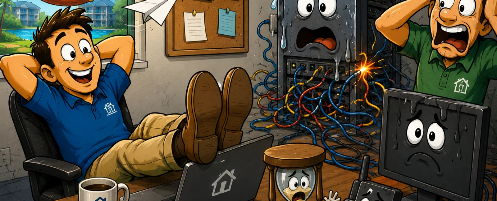 Animated scene of relaxed man with laptop and stressed man reacting to a smoking, sparking server and sad electronics in office.