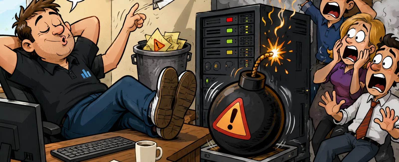 Relaxed man ignoring warnings while a group panics over a bomb about to explode near server equipment.