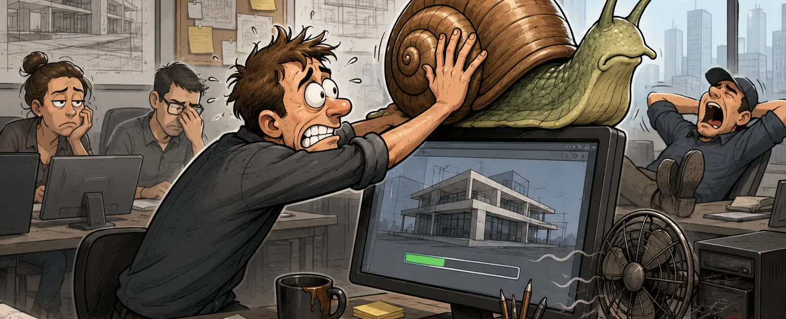 Frustrated architect struggles as a giant snail slows down computer work in a busy office with tired coworkers.