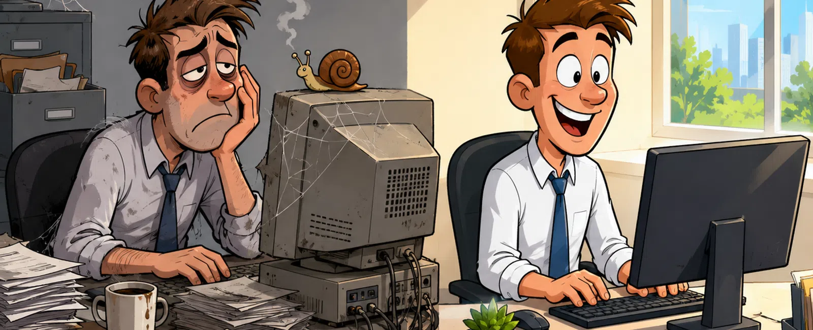 Split image of a tired man at a cluttered desk with an old computer and a happy man at a clean desk with a modern computer.
