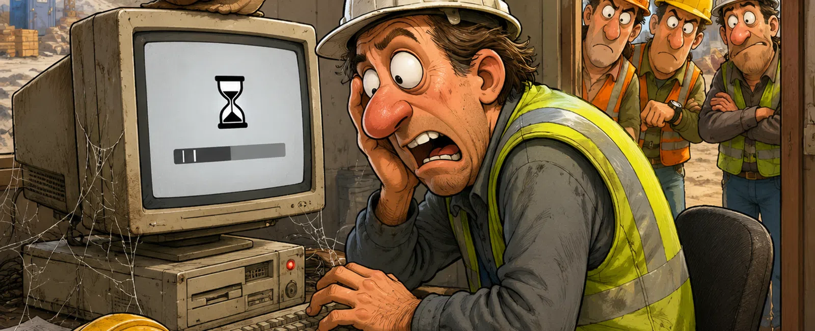 Stressed construction worker waits while old computer with snail and hourglass slowly loads as coworkers watch.
