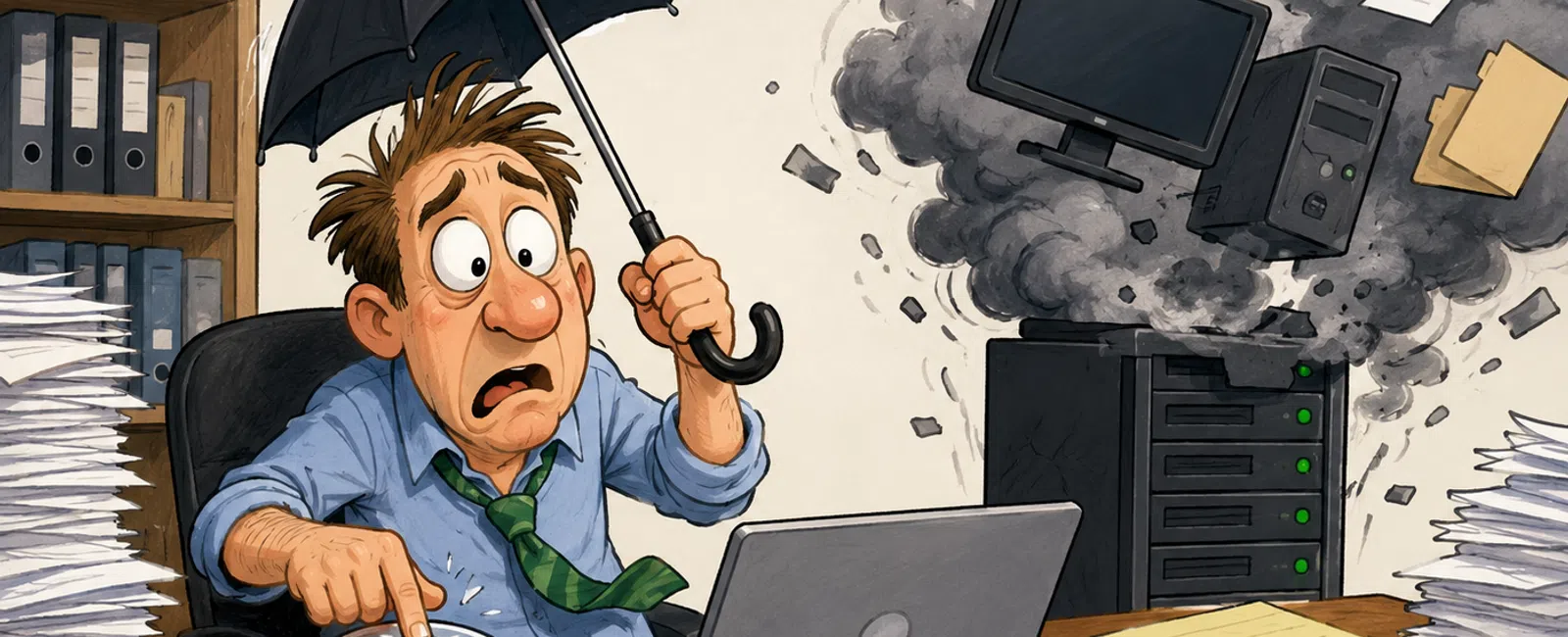 Stressed office worker pressing emergency button as computer server explodes with smoke and flying debris.