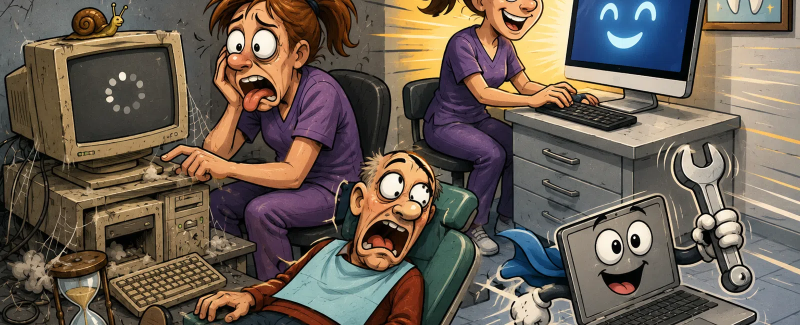 Frustrated woman and man with old slow computer contrasted with happy woman using fast modern computer and cheerful laptop mascot.