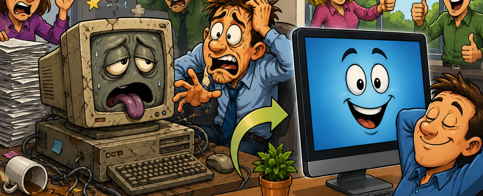 Stressed workers frustrated by old broken computer contrasted with relaxed team happy with new smiling modern computer.