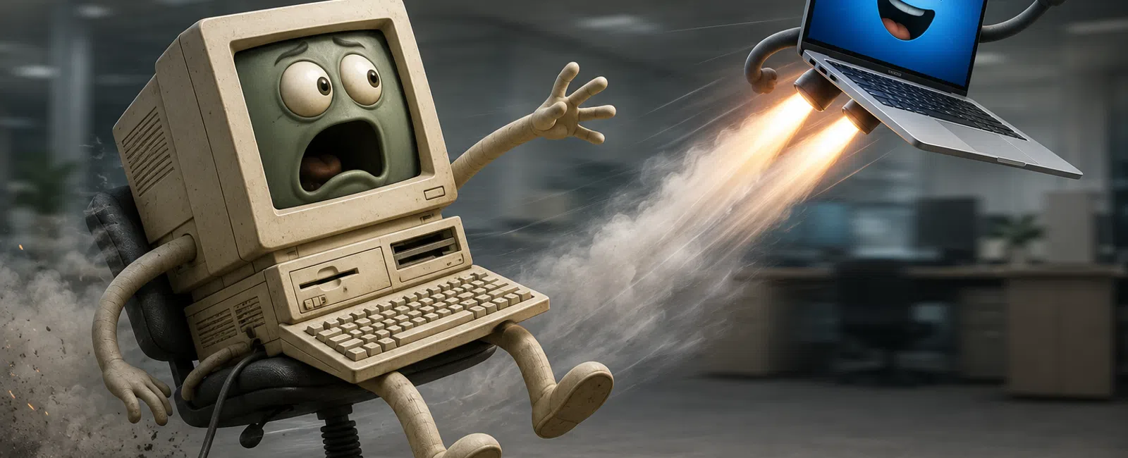 Animated vintage computer looking shocked as a modern laptop with a happy face blasts off like a rocket in an office.
