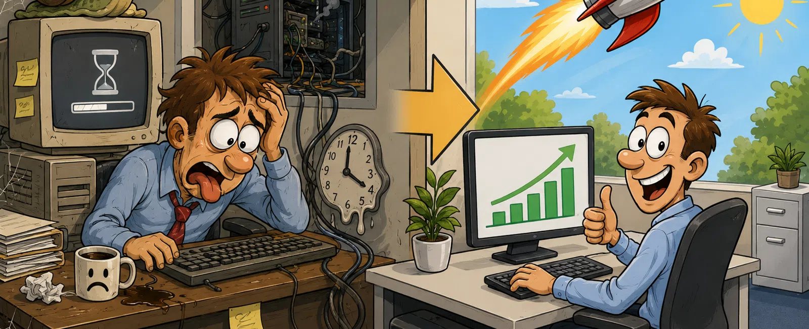 Side-by-side cartoon showing stressed man with slow computer and happy man with fast computer and rocket growth chart.