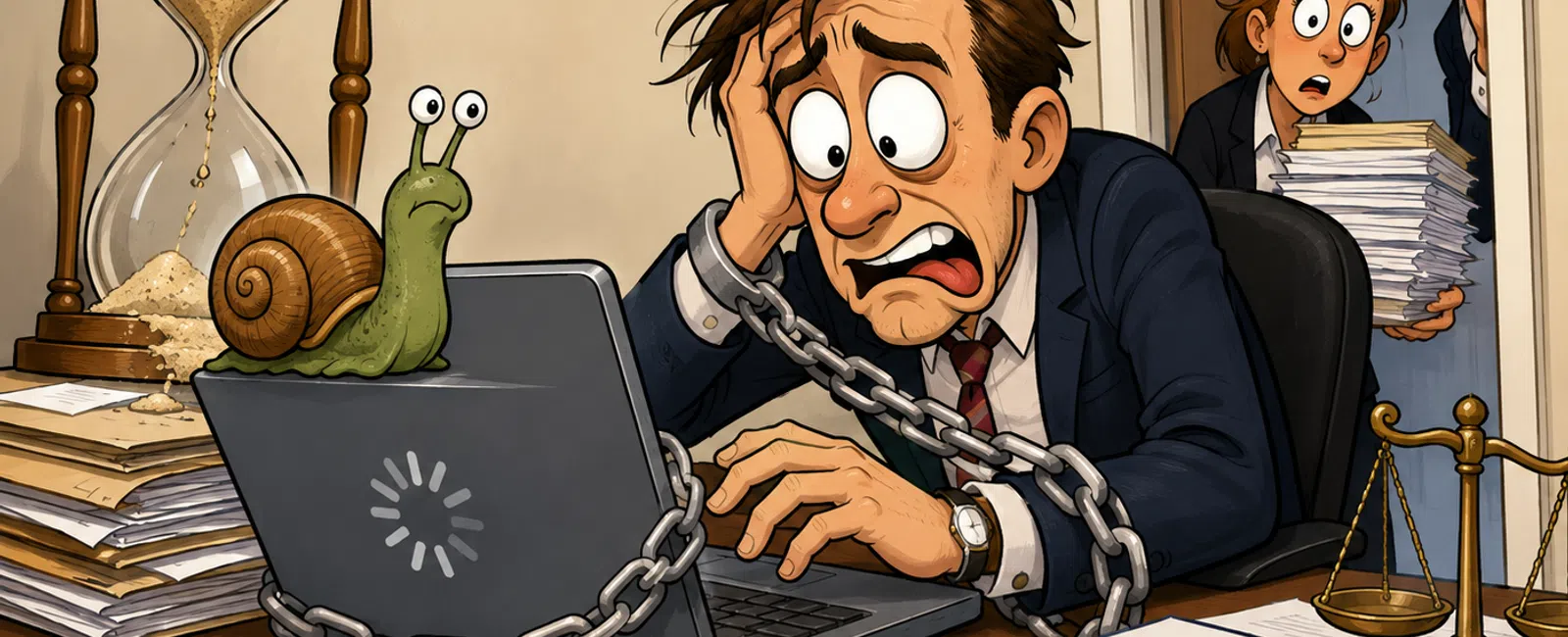 Stressed office worker chained to slow laptop with snail on it, overwhelmed by paperwork and approaching coworkers.