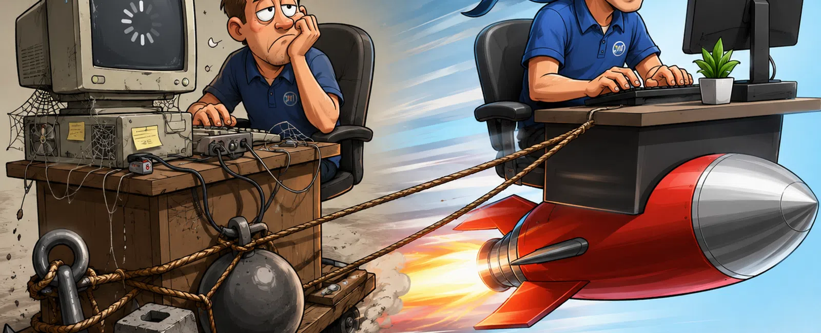 Contrast between slow outdated computer and fast modern workstation with man moving between them.