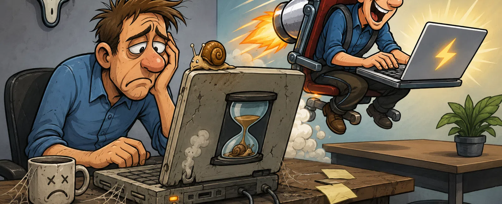 Man frustrated with slow laptop contrasted with a joyful man on a rocket-powered fast laptop in an office.