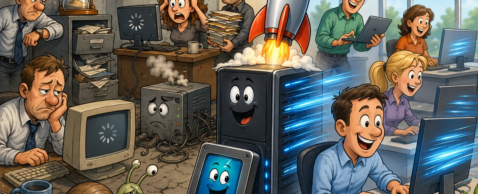 Contrast between frustrated workers with outdated tech and happy employees with fast, modern computers and devices.