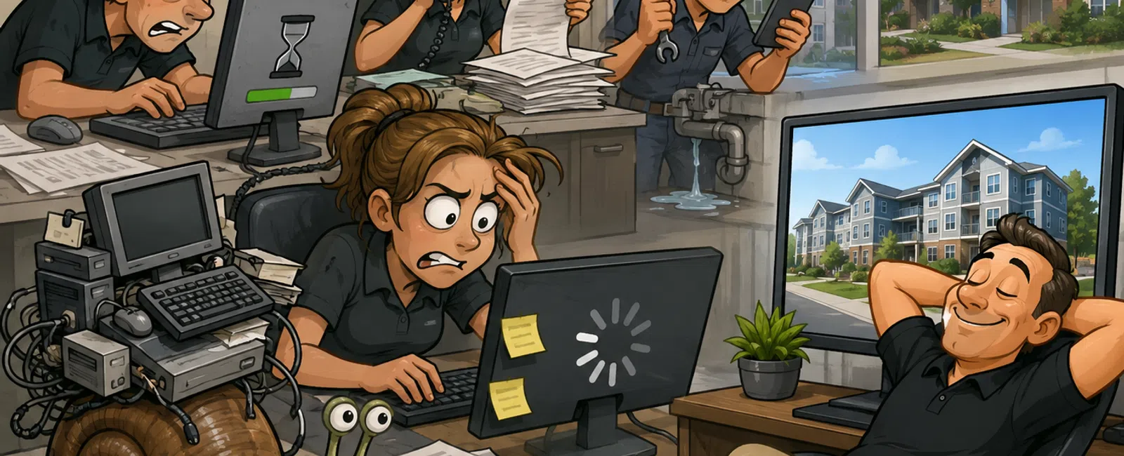 Stressed office workers struggle with slow technology while a relaxed man watches a building on screen.
