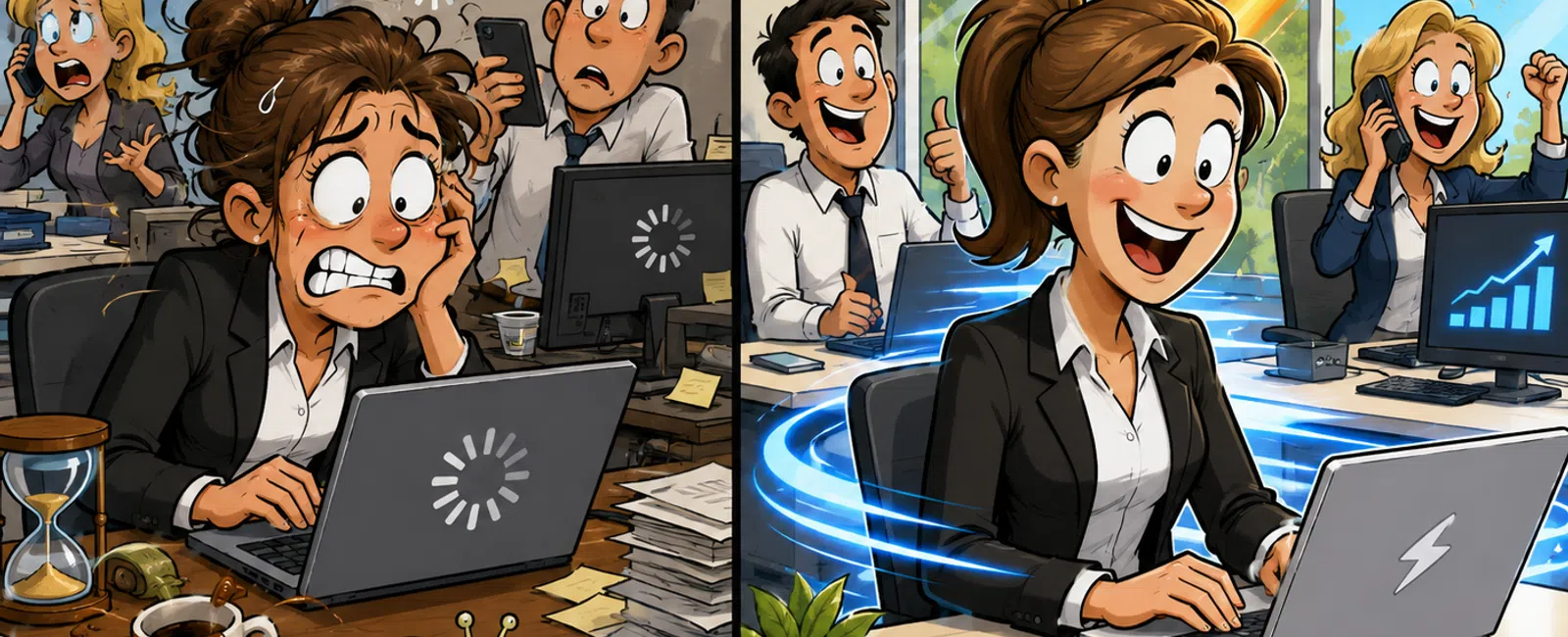 Split office scene showing stressed slow work with rain and chaos versus fast, happy productivity with rocket launch outside.