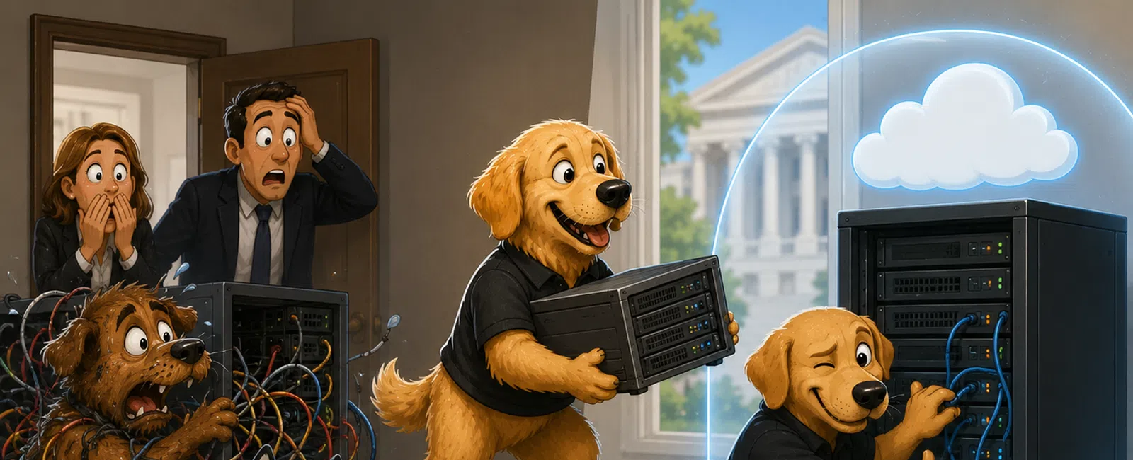 Cartoon dogs efficiently managing server cables and data, contrasting with tangled mess and worried humans in office setting.