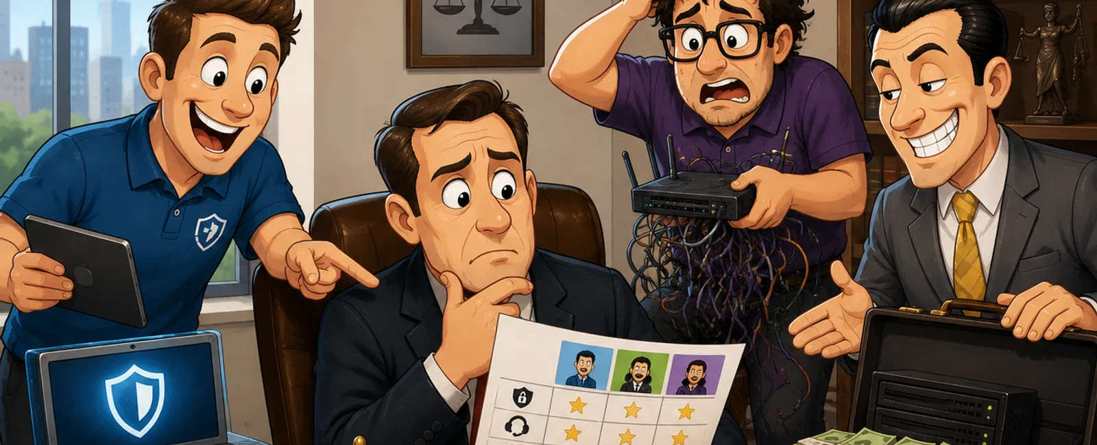 Four men in an office evaluate internet plans with routers, money, and a chart of service features and ratings.