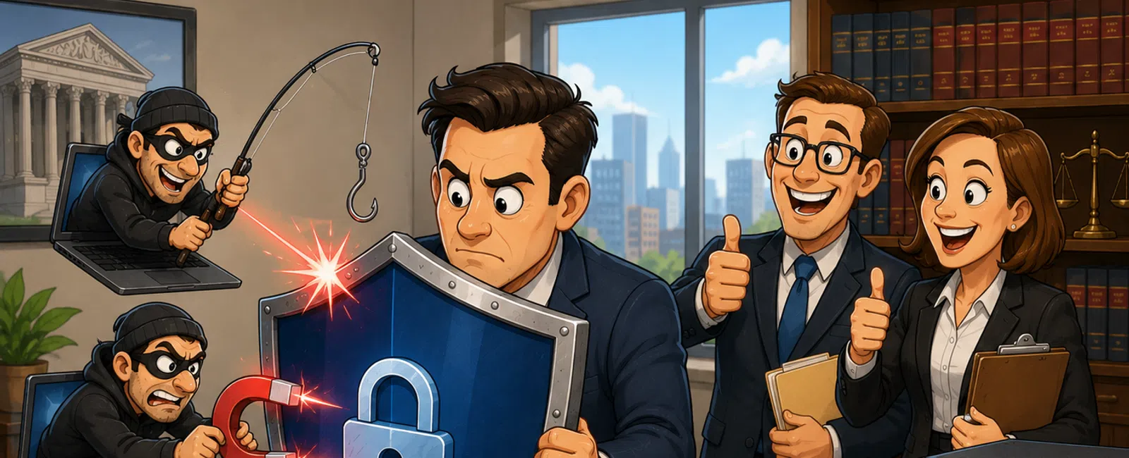 Businessman shields office from hackers using a strong lock shield, while coworkers cheer in a law office setting.