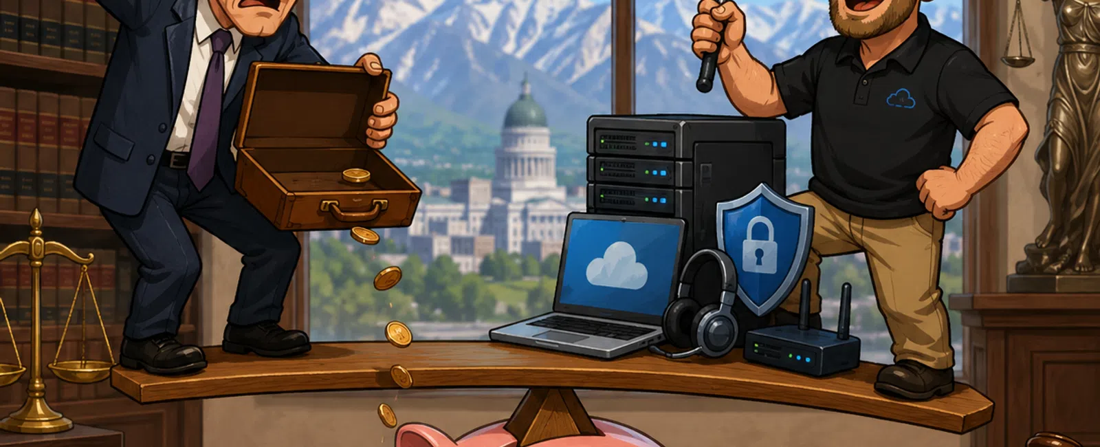 Businessman anxiously dropping coins into piggy bank as another protects digital devices with umbrella symbolizing financial security.