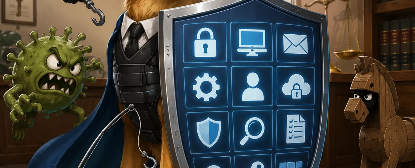 Golden retriever in armor holding shield with cybersecurity icons defending against viruses, hackers, and malware.