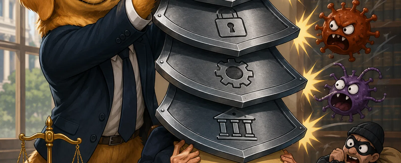 A dog in a suit protects a man with stacked metal shields from hackers and viruses in a legal office setting.
