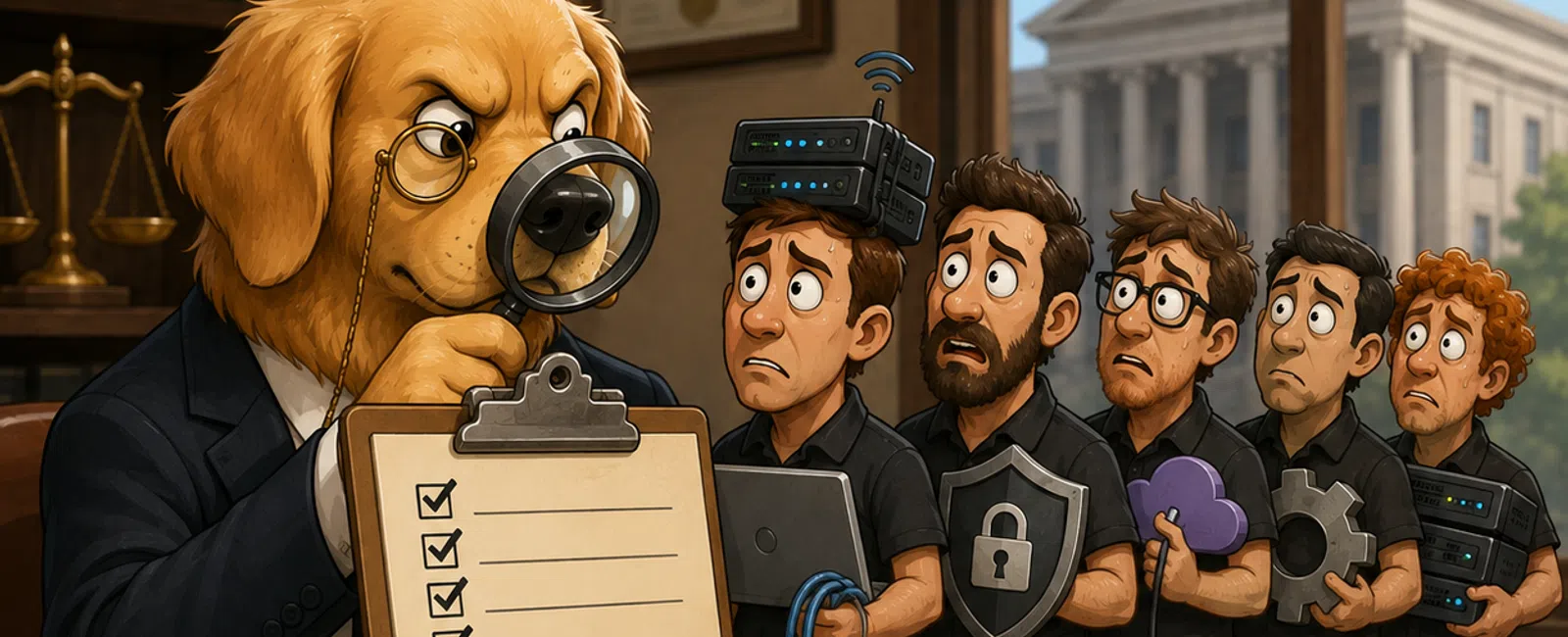 Golden retriever detective inspects checklist while tech workers with networking and security gear look worried in courthouse.