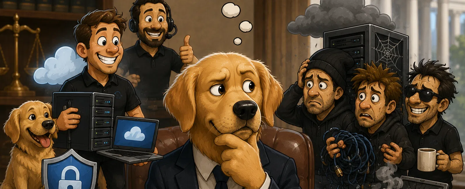 Illustration of a dog in a suit weighing cybersecurity protection against hackers on a justice scale in a courtroom.