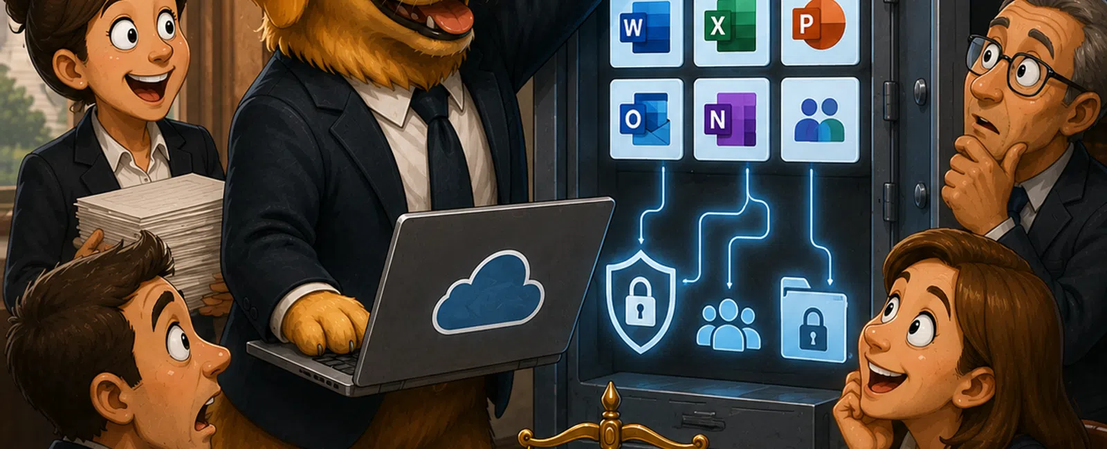 Cartoon dog in suit presenting cloud software security with Microsoft 365 apps to amazed businesspeople in office.