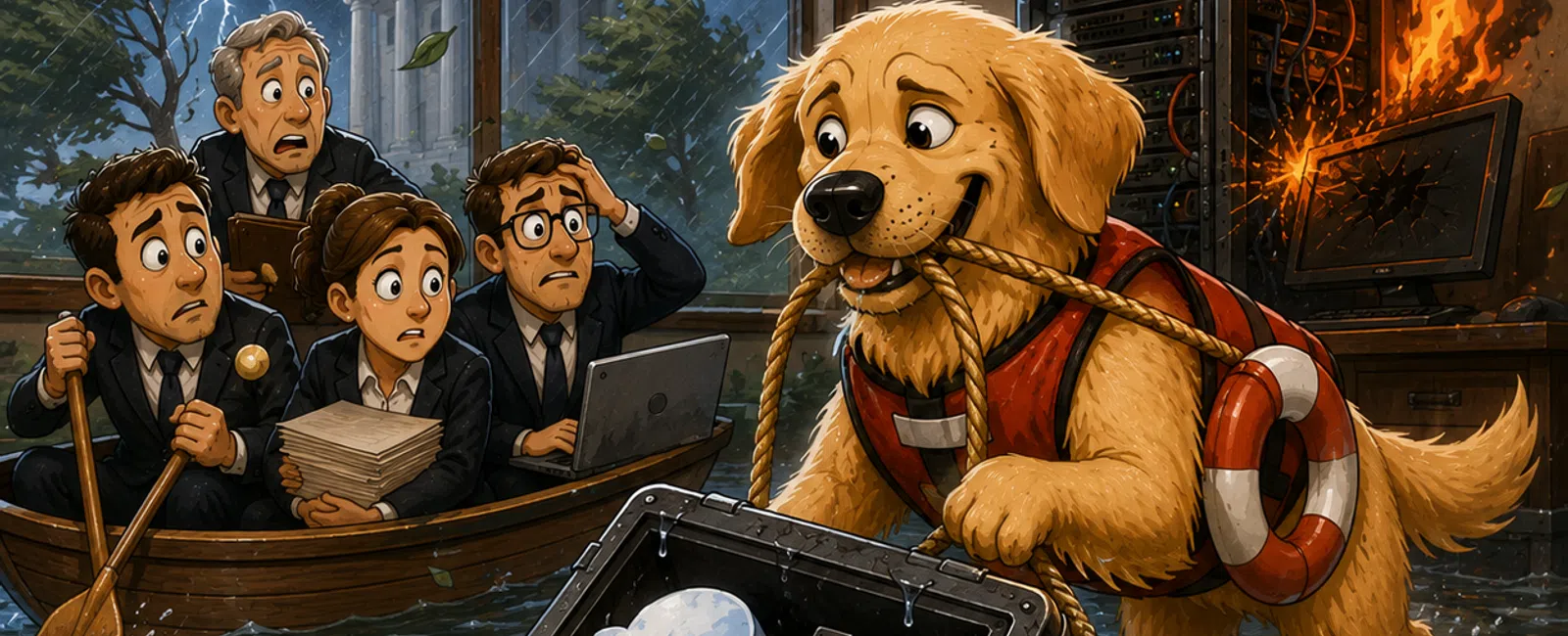 Golden retriever rescue dog saving cloud data from flooding office with burning server in background and worried professionals.
