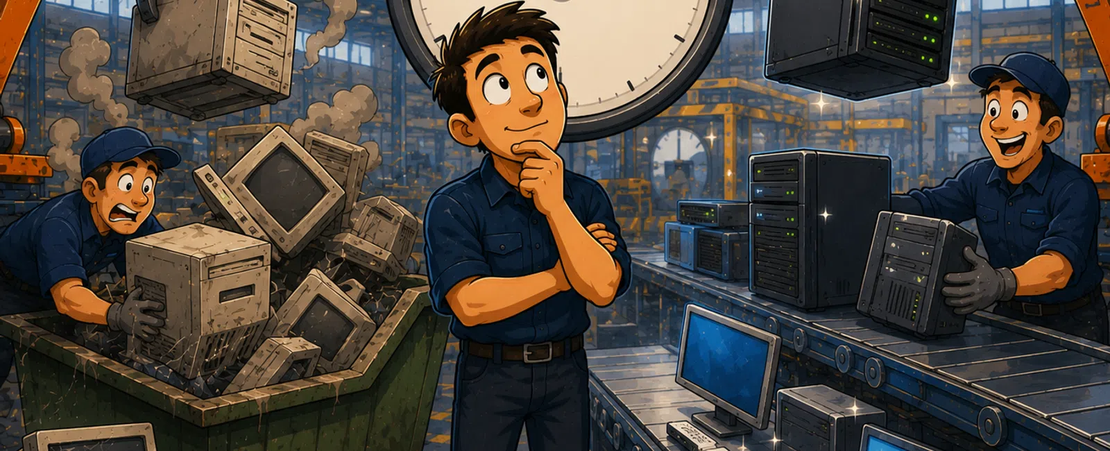 Factory scene showing workers replacing old computers with new servers under a gauge indicating progress.
