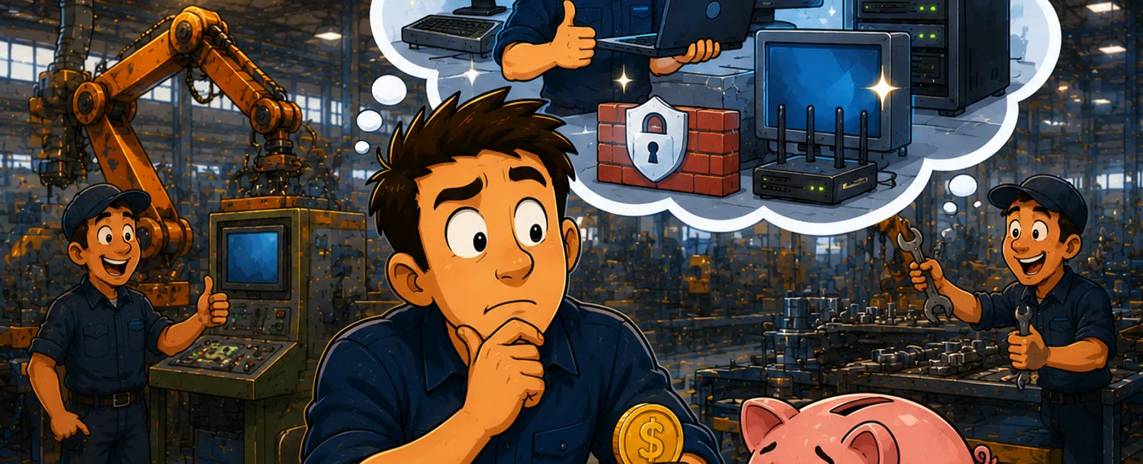 Factory worker worries about finances while imagining secure cloud computing and IT solutions.