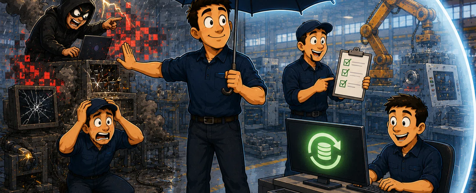 Factory workers shielded by a protective dome from a hacker causing chaos outside the barrier.